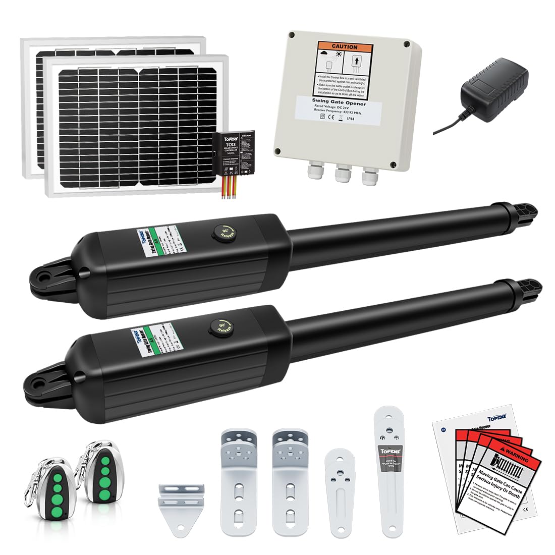 TOPENS AD8S Automatic Solar Gate Opener for Heavy Duty Dual Swing Gates Up to 18ft per Arm, Dual Swing Gate Operator Battery Powered with Remote Control Kit Gate Motor Solar Panel Included