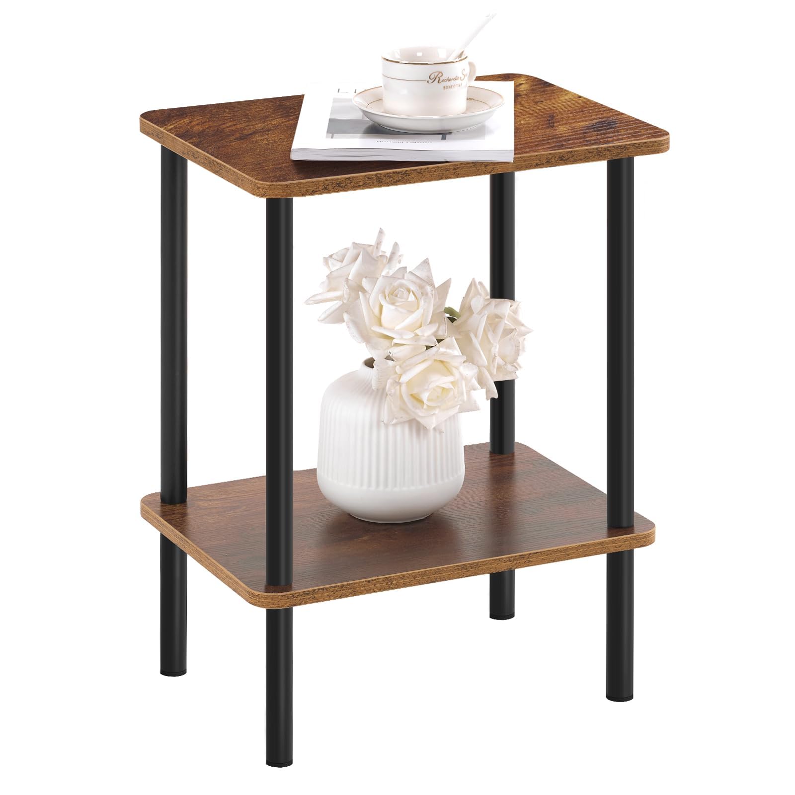 Apicizon 2 Tier End Table, Small Side Table with Solid Wood Legs, Boho Bedside Table with Storage Shelf, Nightstand for Small Spaces, Bedroom, Living Room, Entryway, Farmhouse, Easy Assembly, Natural