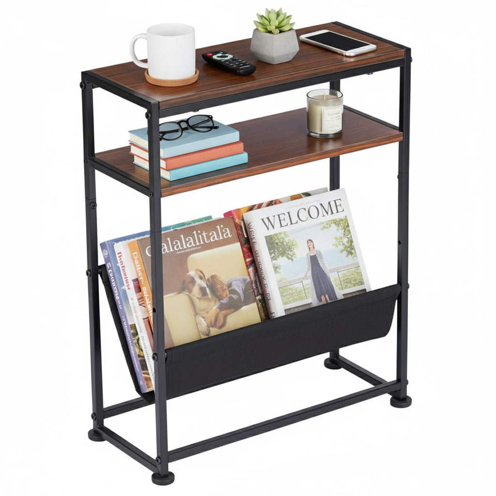 Narrow End Table for Small Spaces - Slim Side Table with Magazine Holder,2 in 1 Design Narrow Coffee Table Living Room,Skinny Bedroom Nightstand Thin Side Magazine Table,Rustic Brown