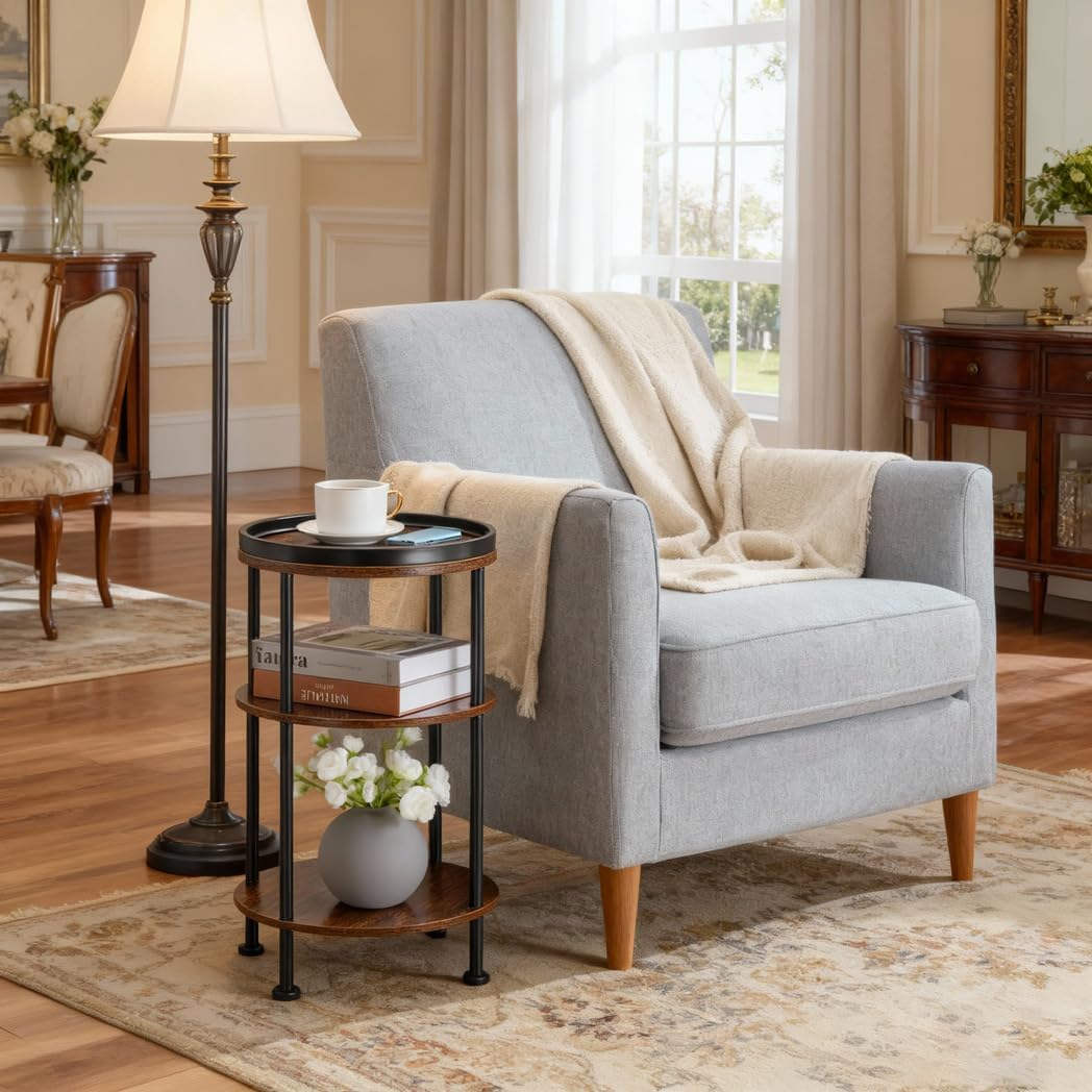 Small Round Side Table for Small Spaces, 3-Tier Round Accent Table Slim Side Table, Modern Sofa Corner Table for Living Room Nightstand Bedroom (Rustic Brown)