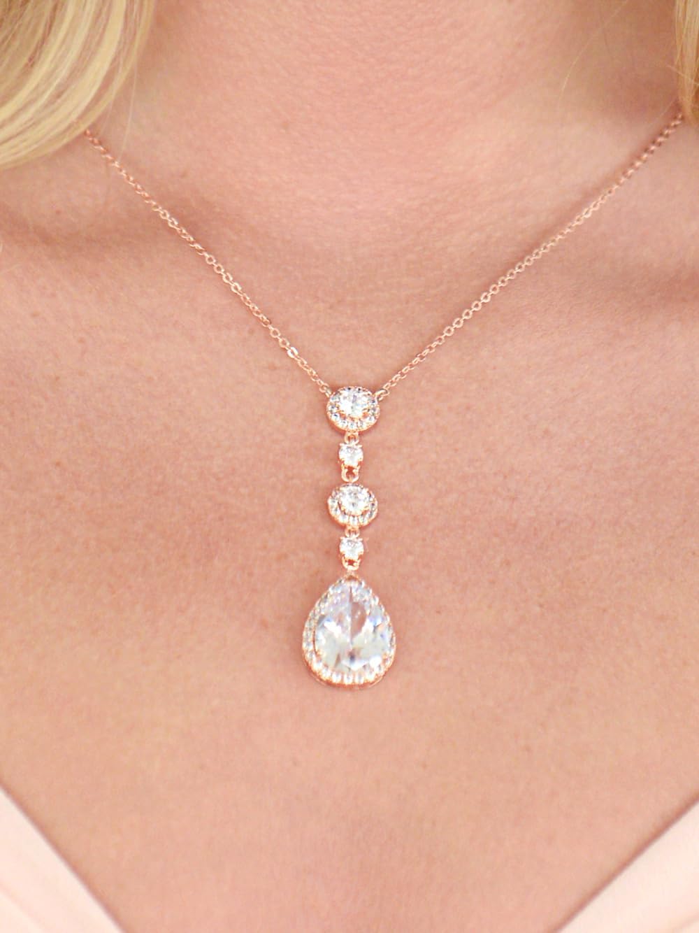 Mariell Bridal and Wedding Necklace, Cubic Zirconia Crystal Drop Pendant Necklace for Brides, Bridesmaids, Prom, Homecoming, Mother of The Bride