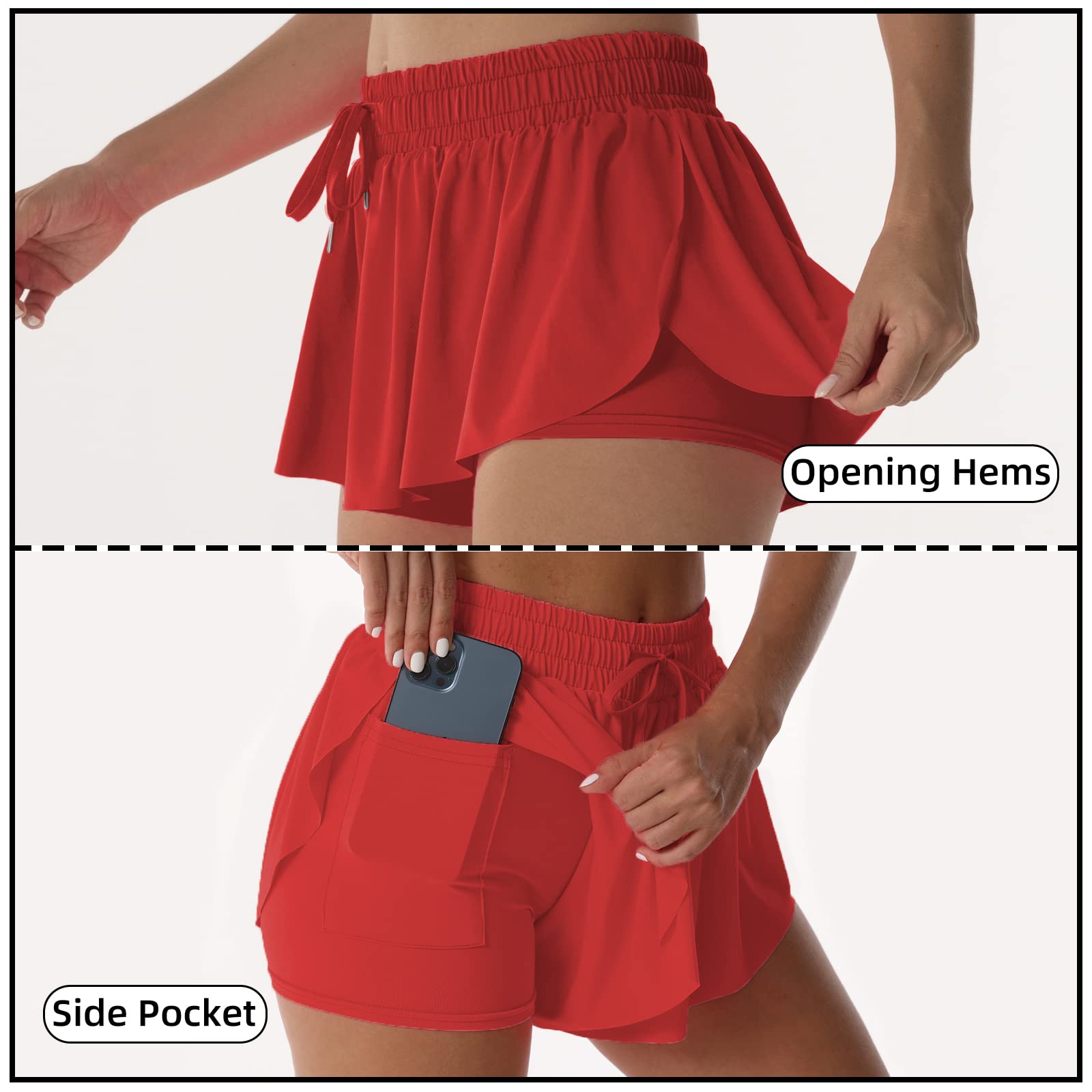 Flowy Athletic Shorts for Women Running Tennis Butterfly Shorts Girls 2-in-1 Double Layer Quick-Drying Comfy Shorts (Red, XX-Small)