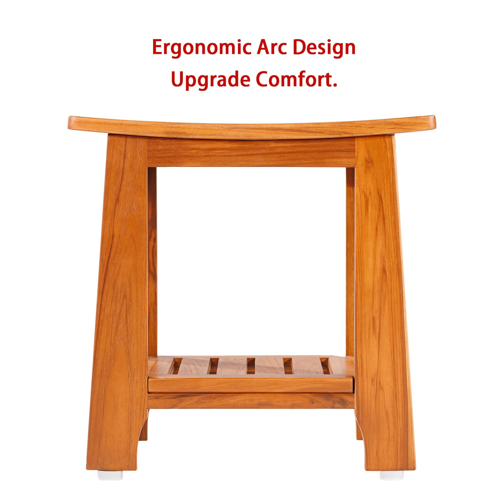 NNN 14" Compact Teak Shower Stool with Shelf & Handle - Waterproof, Non-Slip Bath Bench for Small Bathrooms/Outdoor Use, 300 lbs Capacity (Patented)