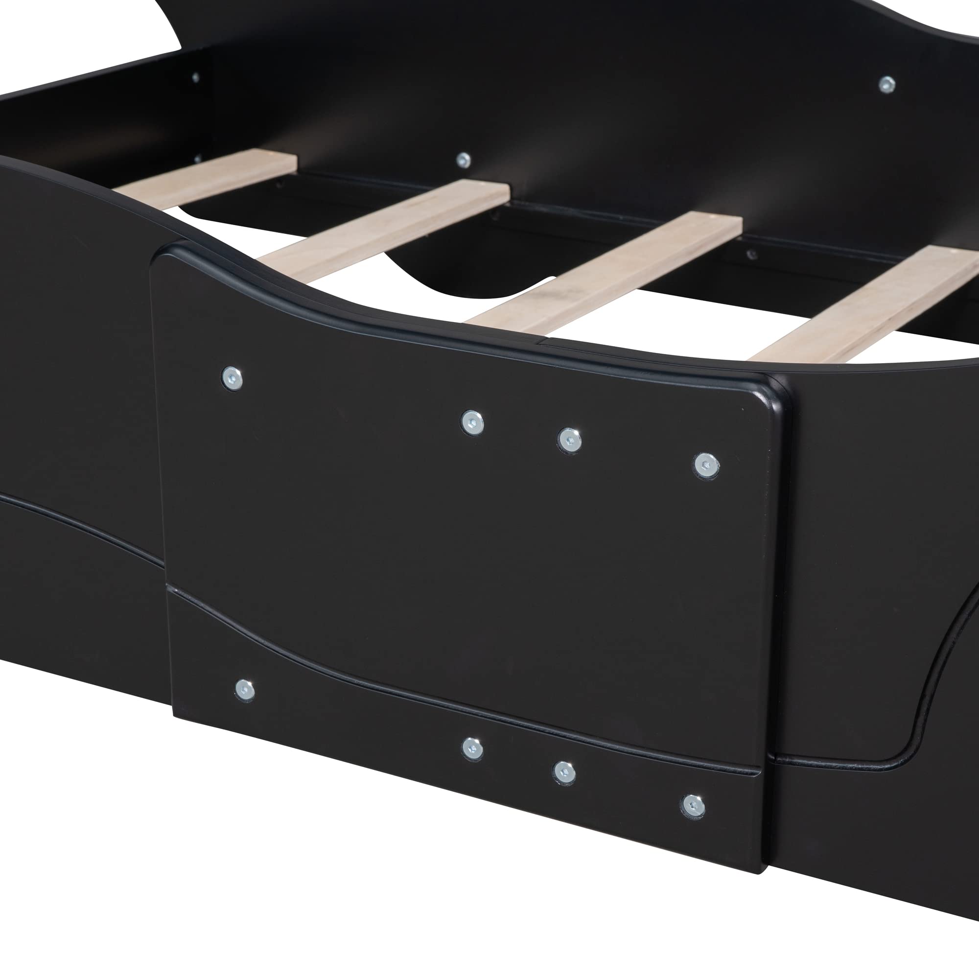 Harper & Bright Designs Twin-Size Plattformbett in Rennwagenform mit Rollen, Holzrahmen mit Stützlatten, Twin-Bodenbett für Kinder Jungen Mädchen Jugendliche, Schwarz