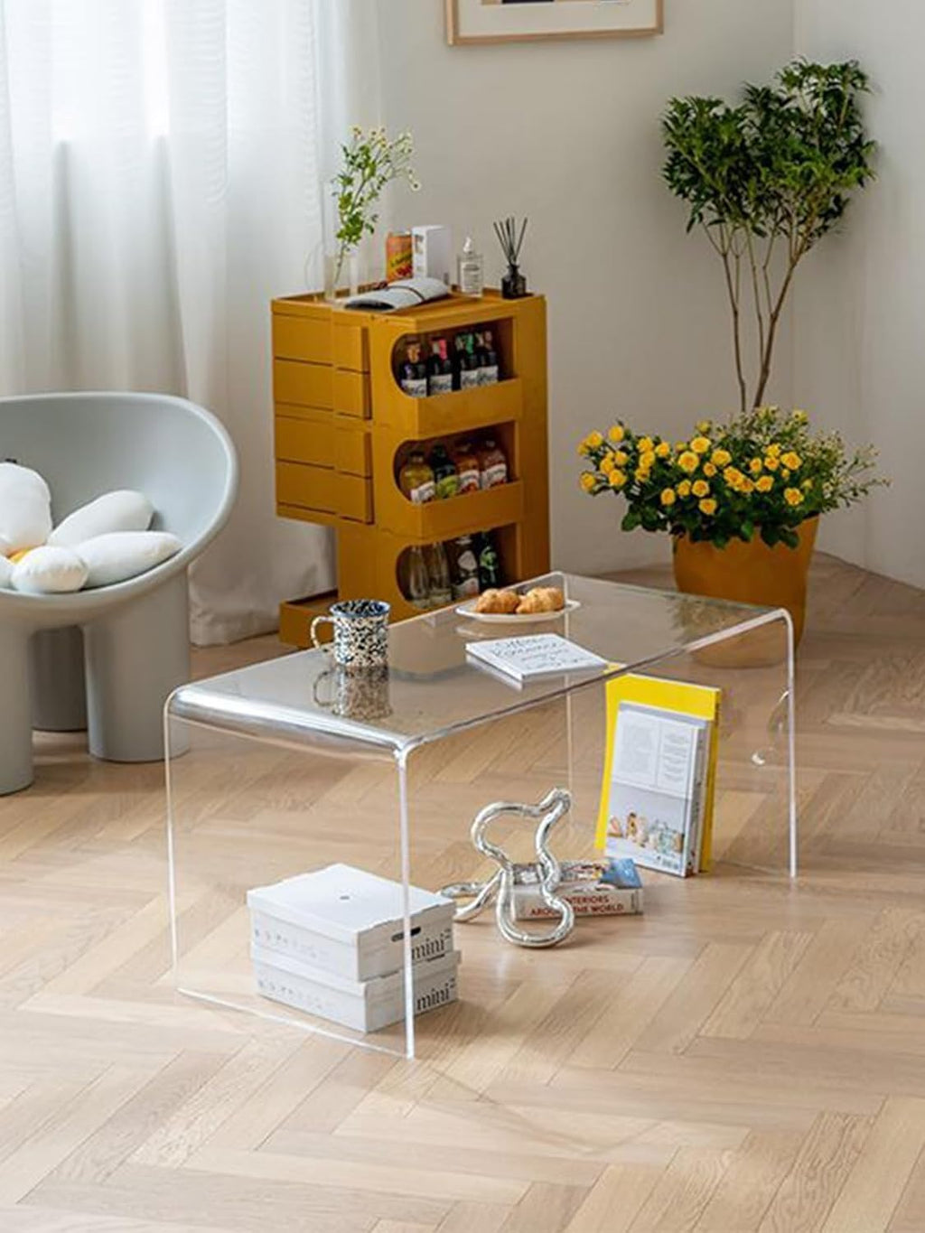 Acrylic Thick Coffee Table for Living Room. 34" Modern Minimalist Rectangular and Clear End Table.Easy to Clean and Safe Rounded Edges (16.9" D x 34.6" W x 14.6" H)