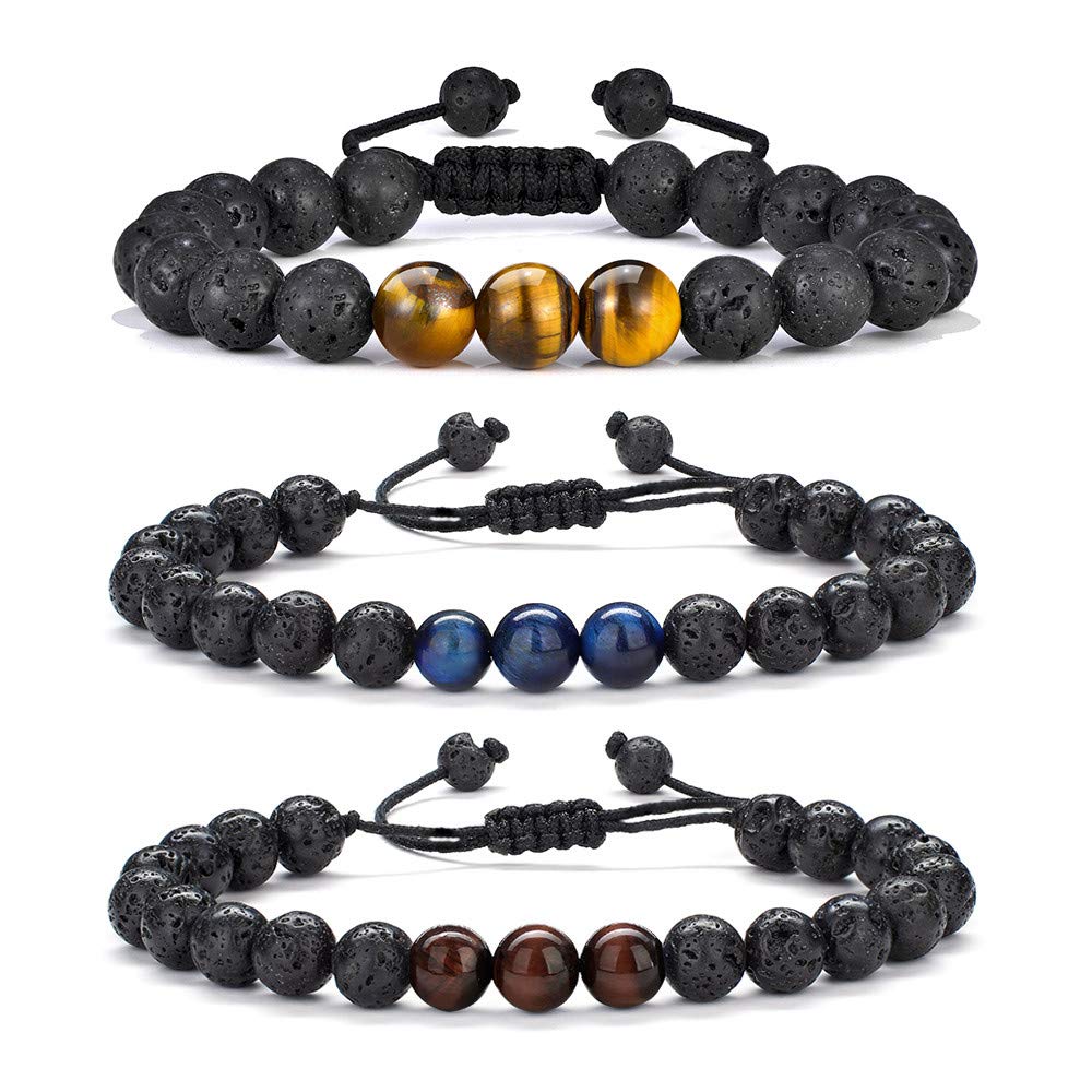 M MOOHAM Natural Stone Bracelets for Men - 8mm Tiger Eye, Matte Agate, Lava Rock - Teen Boys Gifts for Birthday, Anniversary, Christmas