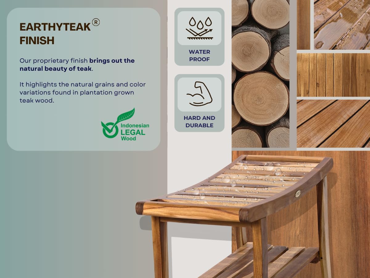 EcoDecors 30 Inch Harmony Natural Color Waterproof Teak Wood Shower Bench Stool Seat Chair For Inside Shower Storage Shelf Provides Safety, Storage, and Organization For Bathroom Accessories