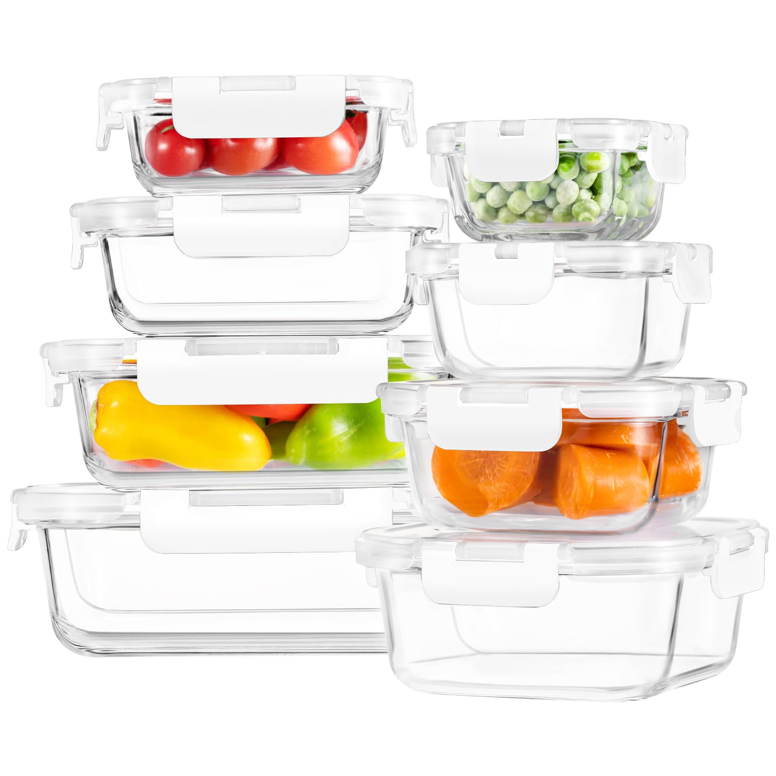 8 Pack Borosilicate Glass Food Storage Containers with Lids, Glass Meal Prep Containers, Airtight Bento Lunch Boxes with Snap Locks, Oven, Freezer and Dishwasher Safe, BPA Free, Kitchen Storage Set