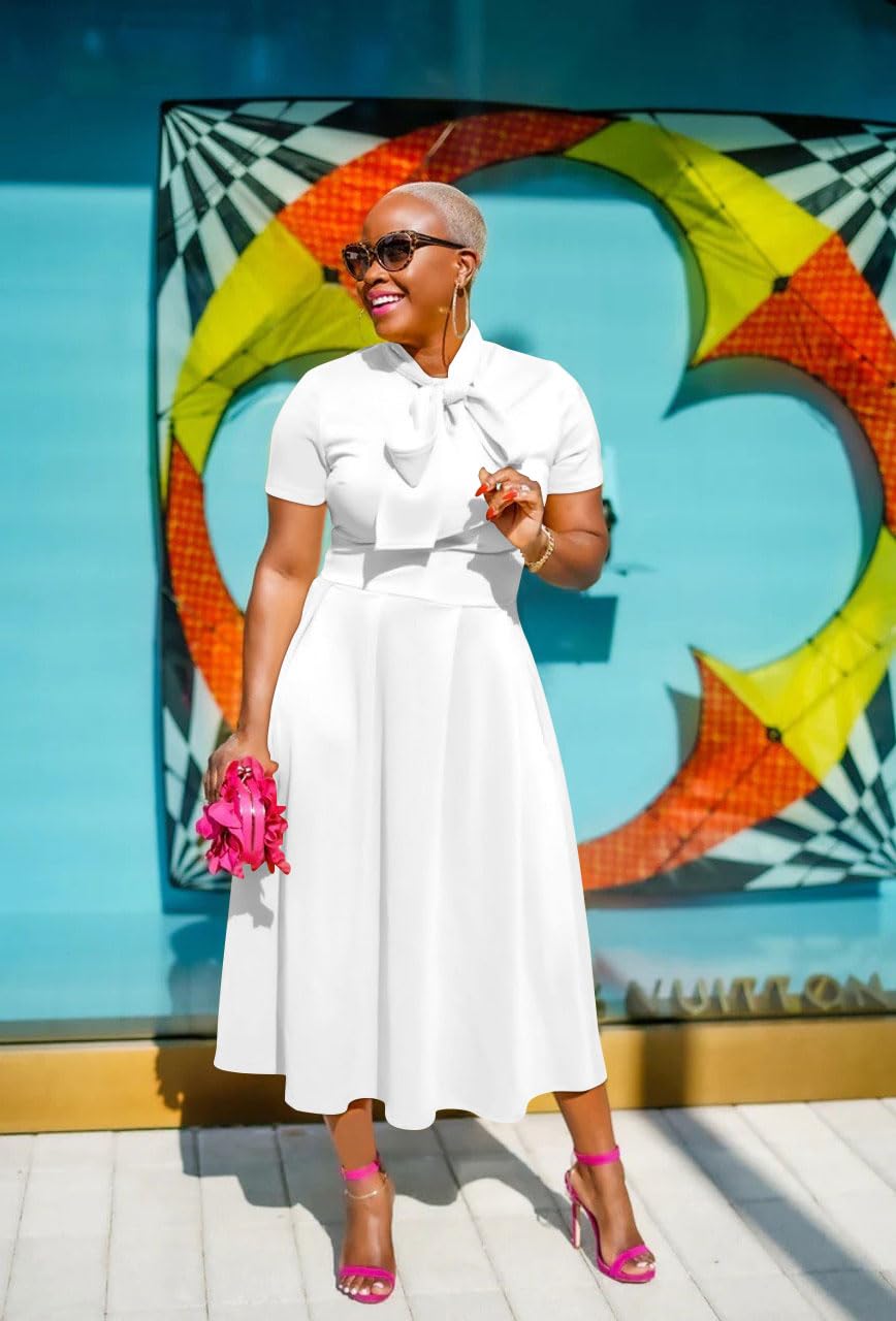 Memoriesea Women's Elegant Casual Short Sleeve Work Party A-Line Dress with Pockets White