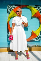 Memoriesea Women's Elegant Casual Short Sleeve Work Party A-Line Dress with Pockets White