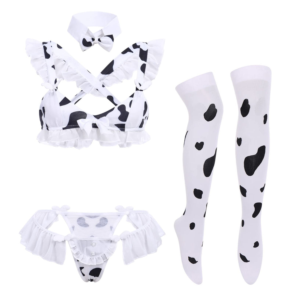 FYMNSI Women Sexy Milk Cow Lingerie Set Anime Maid Cosplay Costume Mini Bikini Bra Bodysuit with Bell Choker Stockings Outfit