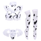 FYMNSI Women Sexy Milk Cow Lingerie Set Anime Maid Cosplay Costume Mini Bikini Bra Bodysuit with Bell Choker Stockings Outfit