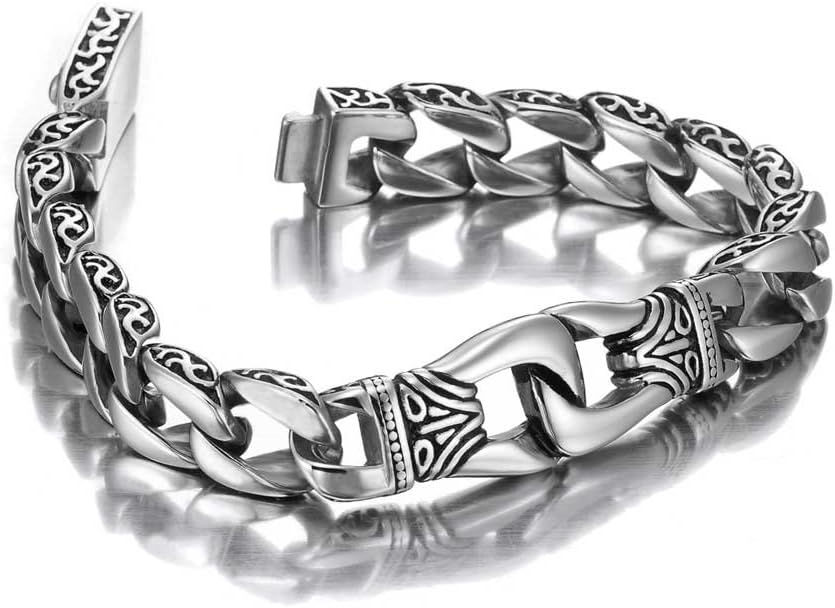 Urban Jewelry Men’s Stainless Steel Link Bracelet – 9-Inch Heavy 0.5” Wide Chain – Silver/Black or Gold/Black – Chain Option – Bold Design – Gift Box Included