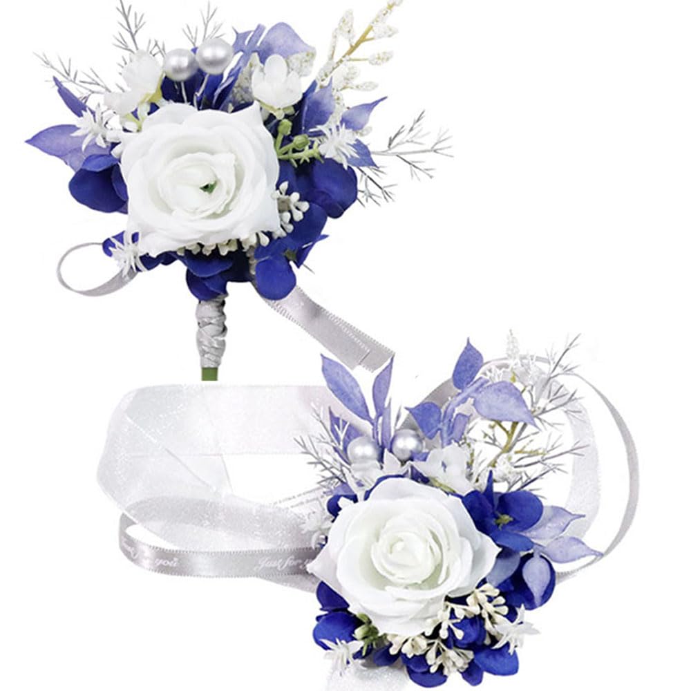 MAFELOE Wrist Corsage and Boutonniere Set for Prom Homecoming Wedding Party Celebration Artificial Flowers Accessories Suit Decor 2 Pieces - White+Navy Blue