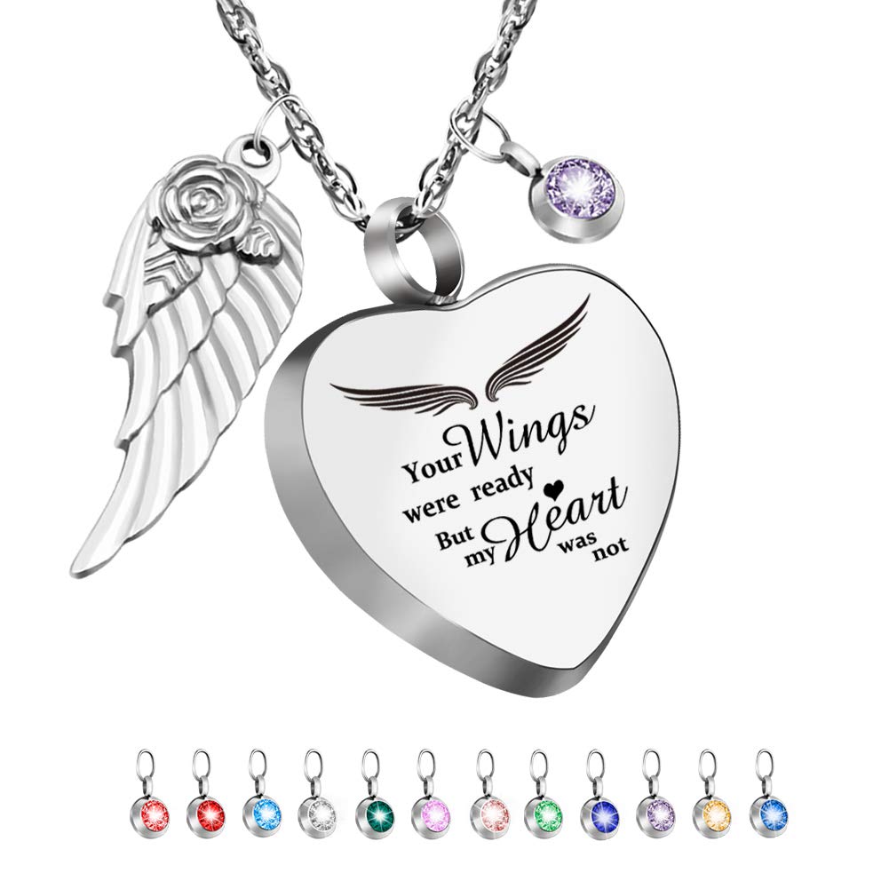 Dletay Heart Urn Necklace for Ashes with 12 Birthstones Cremation Jewelry for Ashes -Your Wings Were Ready My Heart Was Not