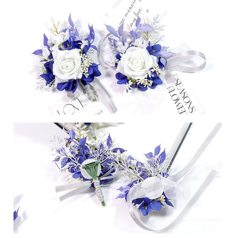 MAFELOE Wrist Corsage and Boutonniere Set for Prom Homecoming Wedding Party Celebration Artificial Flowers Accessories Suit Decor 2 Pieces - White+Navy Blue