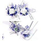 MAFELOE Wrist Corsage and Boutonniere Set for Prom Homecoming Wedding Party Celebration Artificial Flowers Accessories Suit Decor 2 Pieces - White+Navy Blue