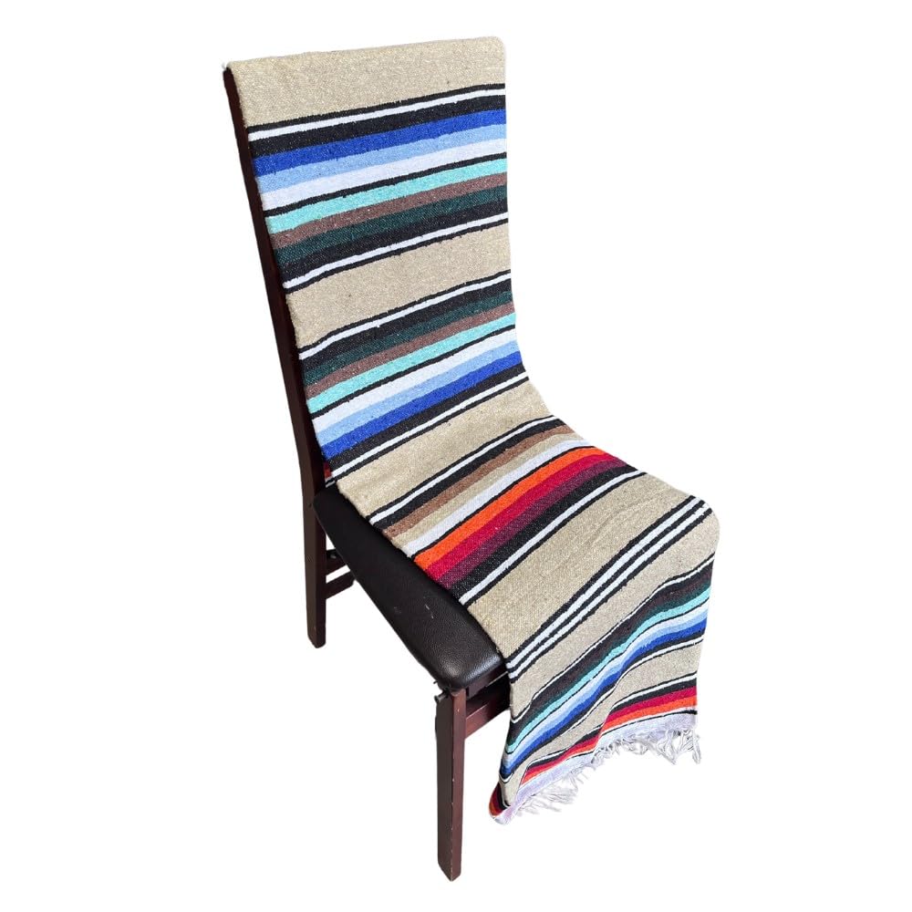 Open Road Goods Authentic Mexican Serape Blanket – 100% Cotton Falsa Blanket - Multi-Color Handmade Mexican Beach Throw (Tan/Beige)