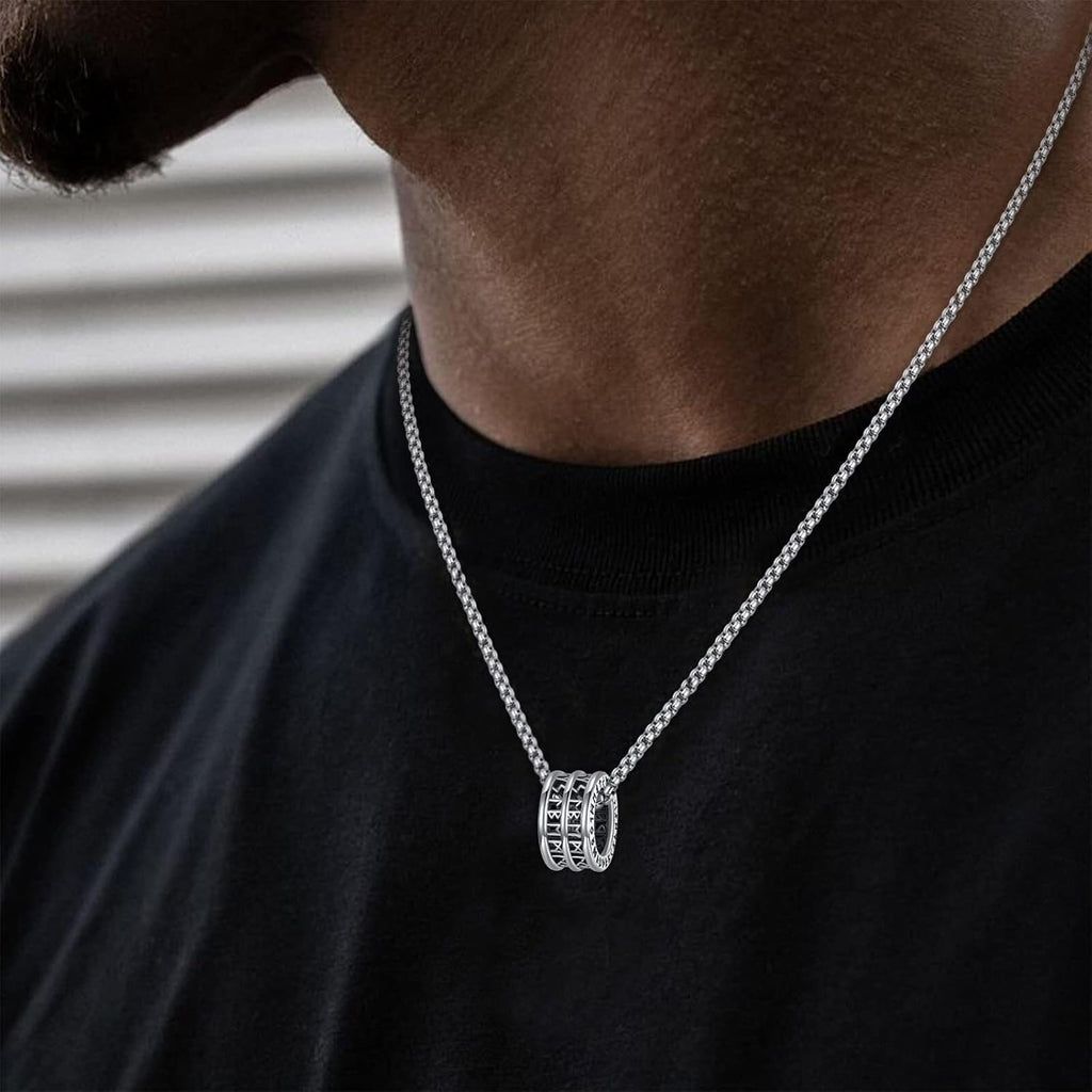 Viking Ring Necklace for Men 925 Sterling Silver Compass/Triquetra/Triskelion/Talisman/Rune/Valknut/Dragon/Odin Pendant Necklace Amulet Jewelry Gifts for Father Son Boyfriend Brother