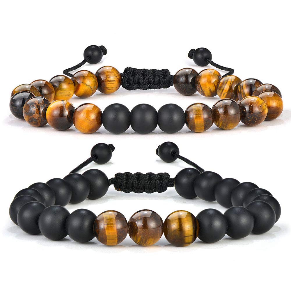 M MOOHAM Natural Stone Bracelets for Men - 8mm Tiger Eye, Matte Agate, Lava Rock - Teen Boys Gifts for Birthday, Anniversary, Christmas
