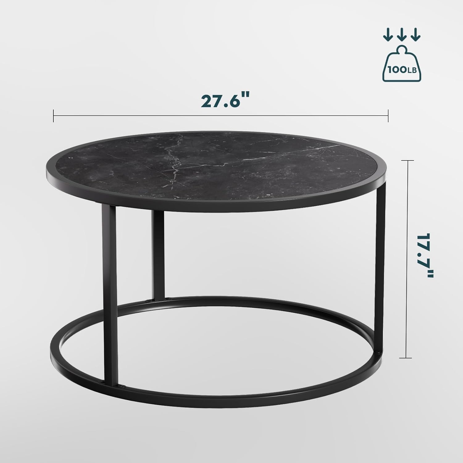 SAYGOER Black Coffee Table Round Marble CoffeeTables for Living Room Modern Small Center Table with Metal Frame, 27.6 * 27.6 * 17.7, Faux Marble