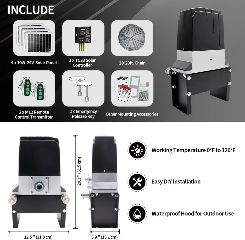 TOPENS DKC2000S Solar Sliding Gate Opener Chain Drive Automatic Gate Motor for Heavy Driveway Slide Gates Up to 4400 Pounds, Electric Gate Operator Battery Powered with Solar Panel Remote Control Kit
