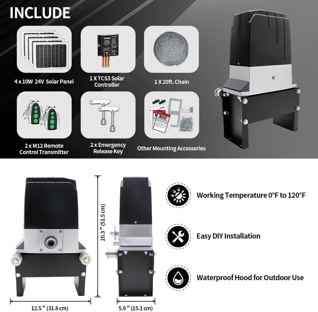TOPENS DKC2000S Solar Sliding Gate Opener Chain Drive Automatic Gate Motor for Heavy Driveway Slide Gates Up to 4400 Pounds, Electric Gate Operator Battery Powered with Solar Panel Remote Control Kit