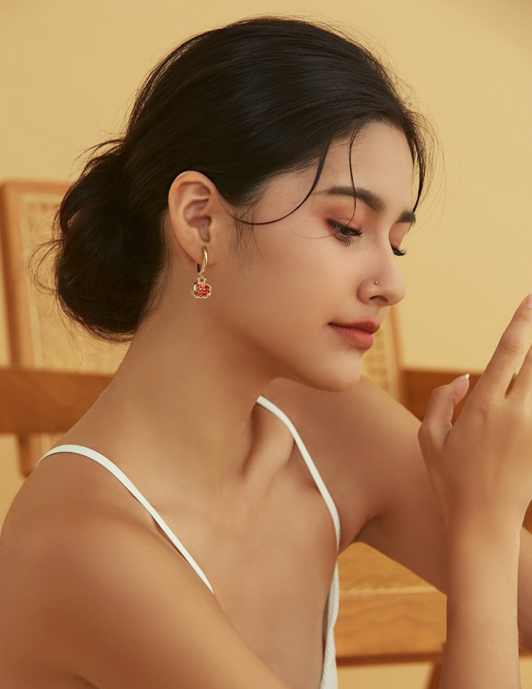 LILIE&WHITE Gold Pomegranate Dangle Earrings For Women With Red Cubic Zircon Drop Earrings Hoop Earrings Hypoallergenic Earrings Fruit Earrings Fashion Earrings PresentEarrings