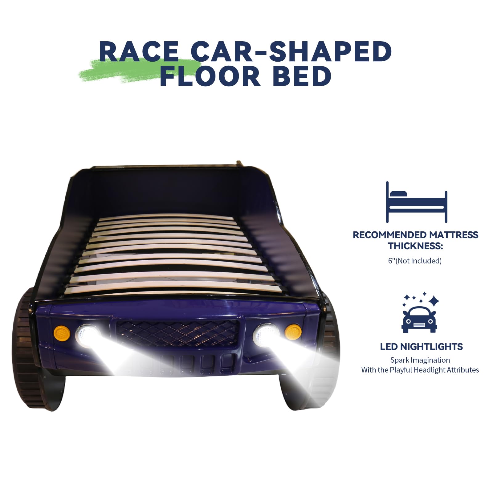 HMFULE Twin racerbilseng, trærammeseng med hjul, LED-lys og lamelsupport til børn, småbørn, teenagere, drenge, ingen boxmadras nødvendig, blå