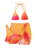 SOLY HUX Women's 3 Piece Swimsuit Ombre Halter Triangle Bikini Set Bathing Suit with Cover Up Beach Skirt Orange Ombre Medium