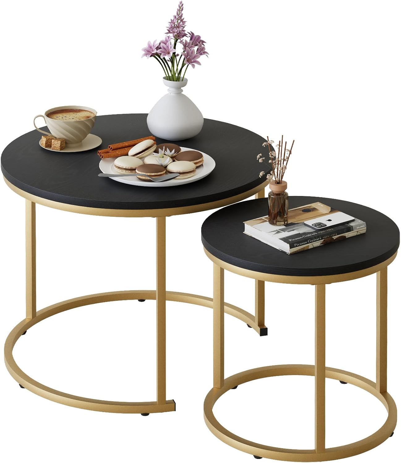 VILAWLENCE Coffee Table Nesting Set of 2 Round End Table Accent Side Stacking Tables Black Wood with Sturdy Metal Frame, Modern Living Room Table Sets Industrial Nightstand