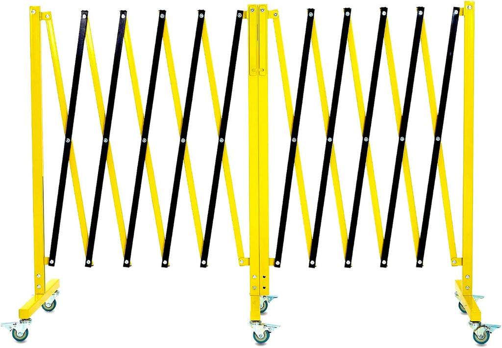 Garvee 19.8 ft Industrial Expandable Metal Barricade, Rotatable & Portable Safety Barrier with a Warning Board and Casters, Retractable Traffic Fence Mobile Safety Barrier Gate Yellow Black