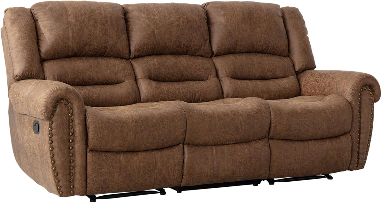 Faux Leather Reclining Sofa, 3 Seater Recliner Sofa Chair, Manual Reclining Couch Set for Living Room, Home Furniture Set, for Meeting Room, Brown (3 Seat Sofa)