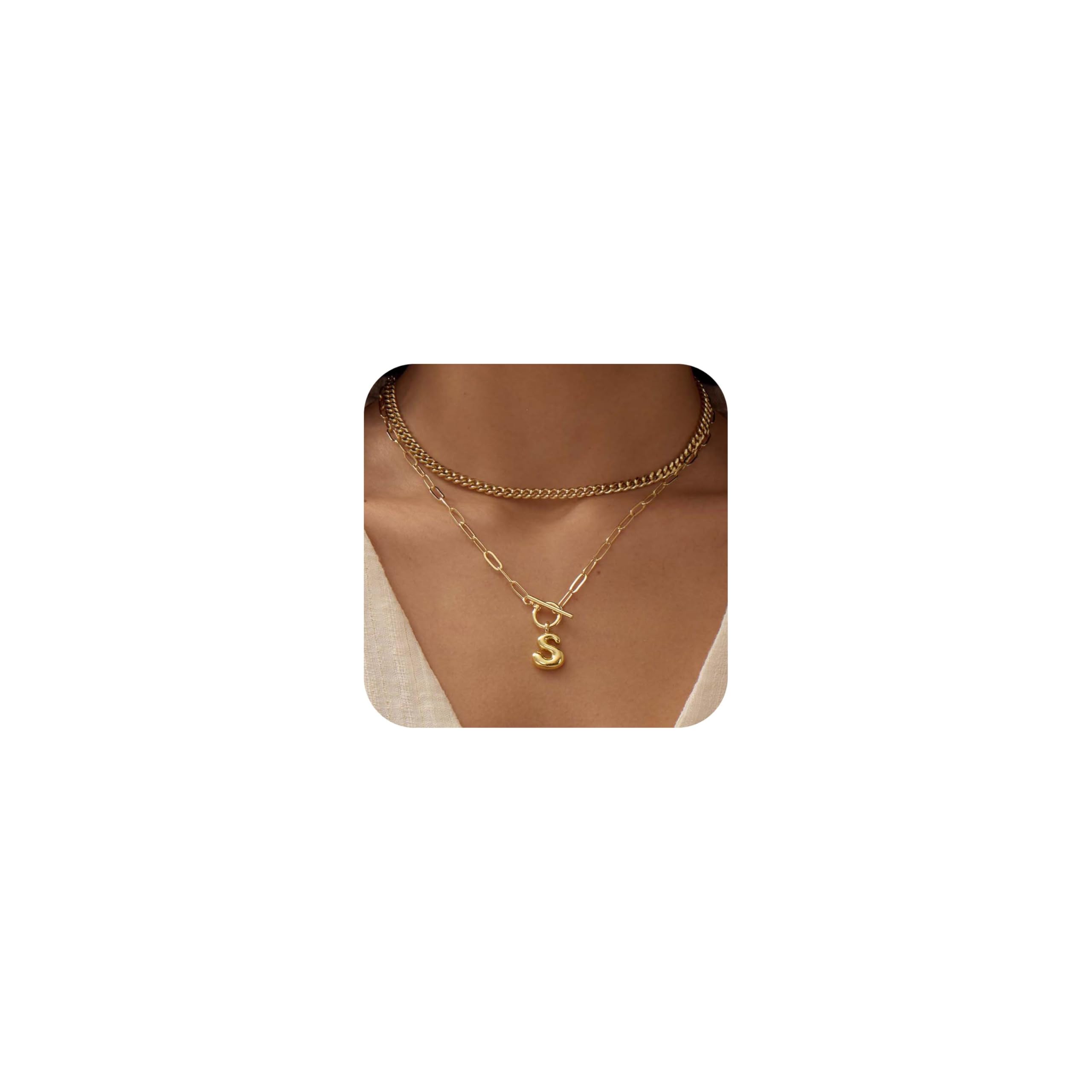 Bubble Letter Necklace Gold Layered Initial Necklaces for Women Dainty Cuban Chain Choker Necklace 14K Gold Plated Letter Necklace Personalized Name Necklace Cute Jewelry Gifts