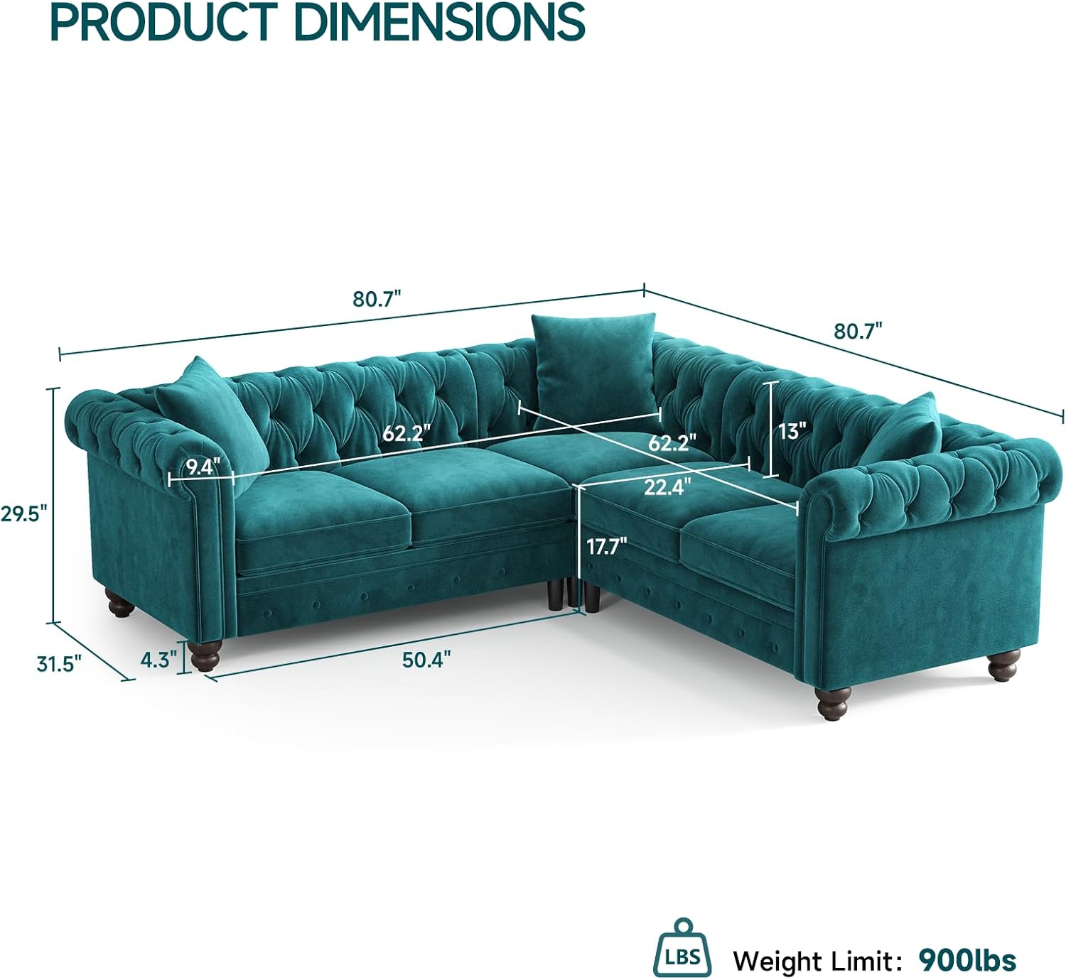 Chesterfield L Shaped Sofa, Velvet Sectional Sofa with Rolled Arms, Tufted Corner Couch w/3 Throw Pillows, Springs Seat Cushion, Solid Wood Legs, Vintage L Shape Couch for Living Room, Green