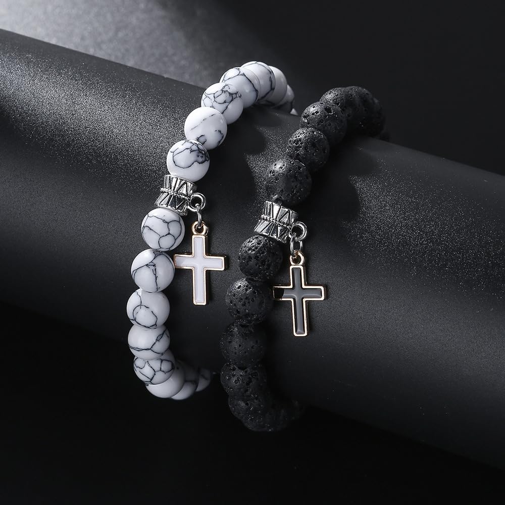 Matte Lava Rock Beaded Couple Bracelet Set for Women Men Black White 8mm Howlite Natural Volcanic Stone Matching Beads Elastic Cross Pendant Stretch Bracelets Religion Charm Friendship BFF Jewelry