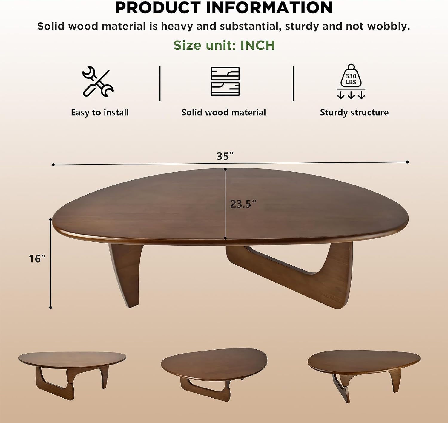 Modern Triangle Coffee Table: Unique Funky Soild Wood Coffee Tables for Living Room, Wooden Oval Mid-Century Modern Abstract Tea Tables for Patio Office Balcony Walnut 35" L x 24" W x 16" H