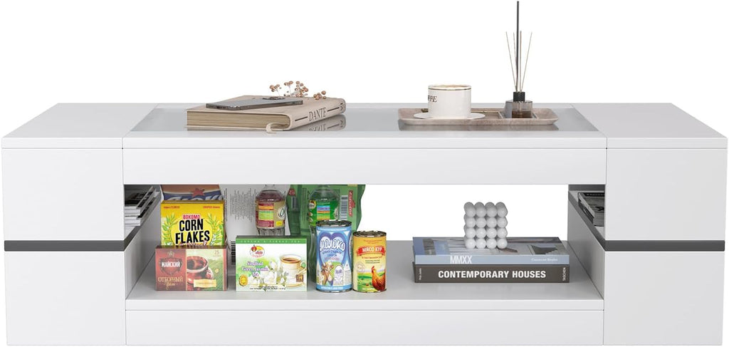 47.2" Modern Stylish Coffee Table with Glass Table Top, Large Living Room Table Rectangular 2-Tier Center Tables with Storage, Wooden Tea Tables for Dining Reception Room, White