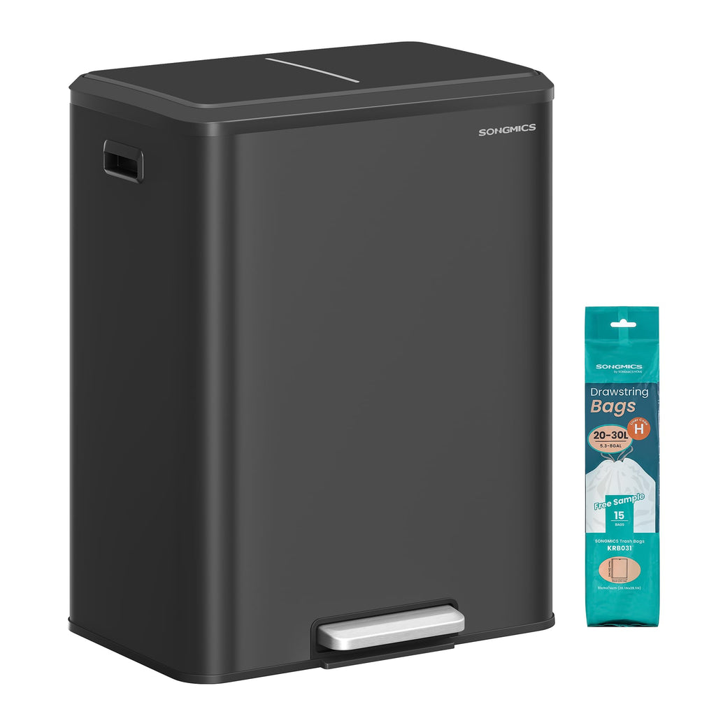 SONGMICS Kitchen Trash Can, 16 Gallon (2 x 8 Gallon) Dual Compartment Garbage Can, 60L Pedal Recycling Bin, Stays Open and Soft Close, Stainless Steel, 15 Bags Included, Metallic Silver ULTB202E01