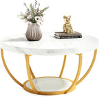 LITTLE TREE Round Coffee Table, 32" Circle Faux Marble Coffee Tables for Living Room, 2-Tier Golden Metal Legs Accent Center Table with Open Storage Modern Design Home Furniture (White and Gold)