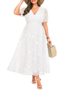 Women Plus Size White Dress Maxi Bridal Shower Summer Chiffon Easter Temple Short Puff Sleeve Long Elegant Aline Dress