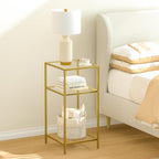 Homhedy 3-Tier Side Tables Set of 2, End Tables with Tempered Glass, Nightstands with Storage Shelves, Slim Sofa Tables for Living Room, Bedroom (2, Golden)