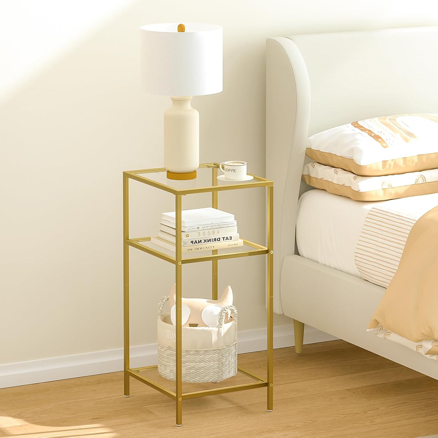 Homhedy 3-Tier Side Tables Set of 2, End Tables with Tempered Glass, Nightstands with Storage Shelves, Slim Sofa Tables for Living Room, Bedroom (2, Golden)