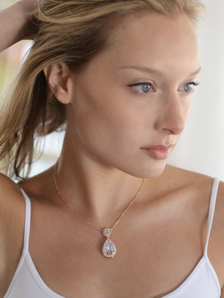 Mariell Cubic Zirconia Bridal Necklace, Bold Teardrop Design, Pendant Necklace for Weddings, Brides, Prom, Homecoming and Mother of The Bride