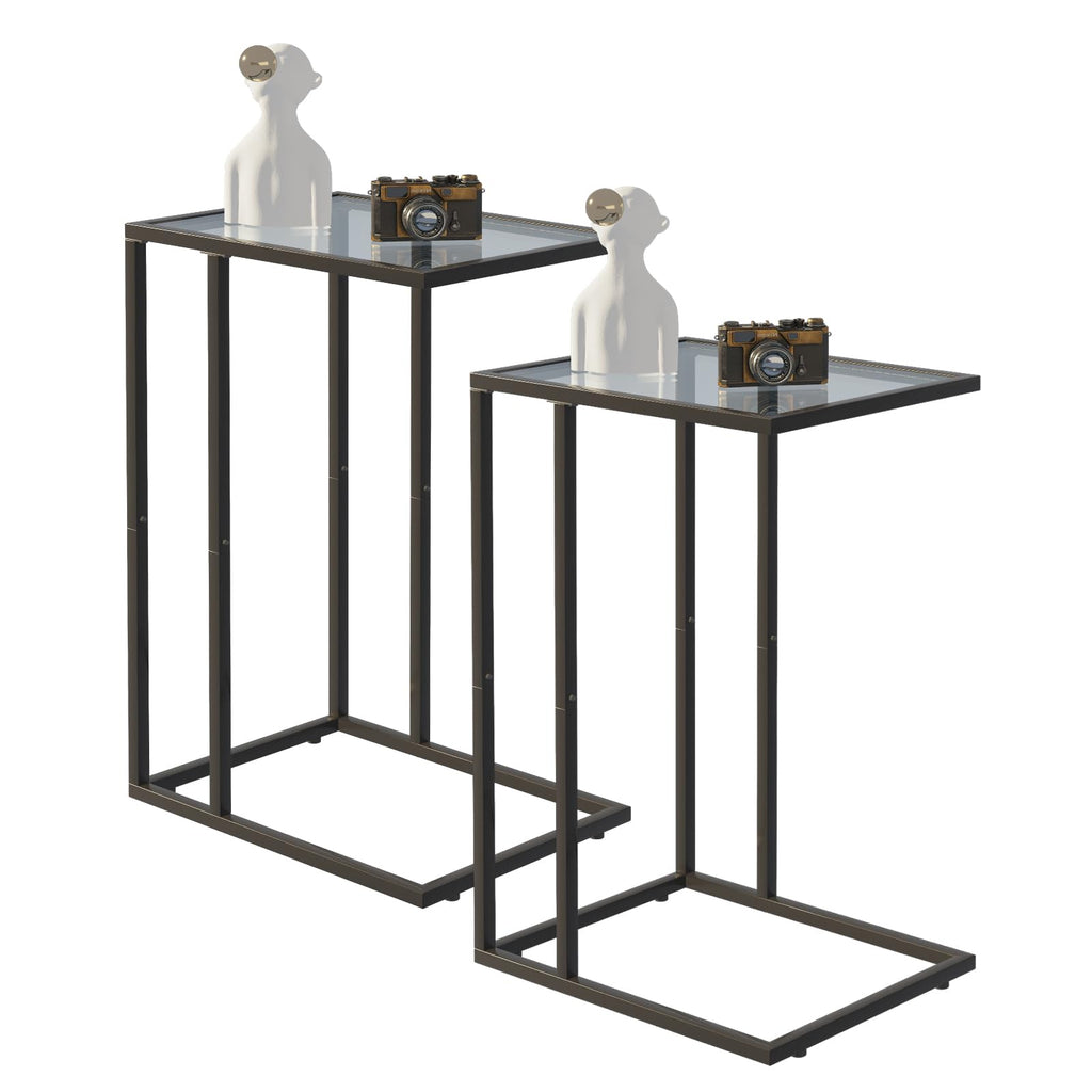 C Table Glass End Table, Couch Side Table, Tempered Glass Snack Side Table with Metal Frame, TV Tray Table for Small Space, Sofa Couch Side Tableand Bed Side Table(Black)