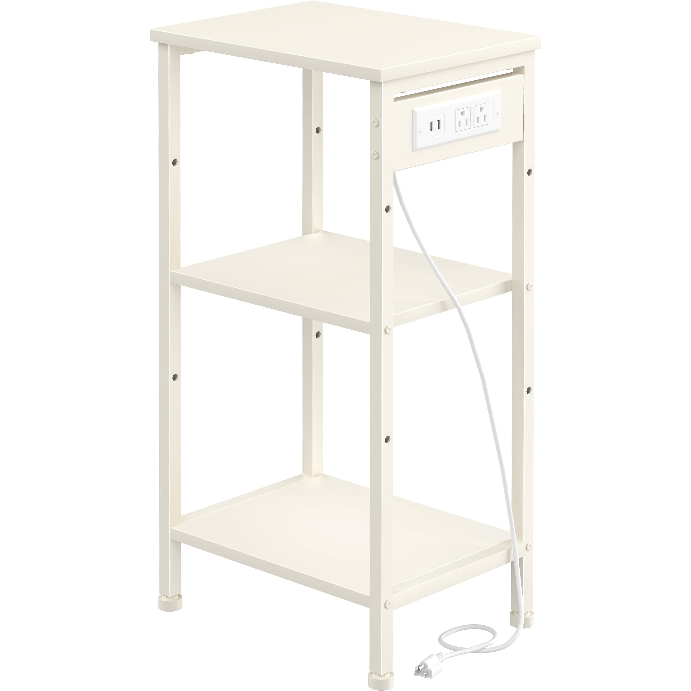 Tall End Table with Charging Station, 3 Tier Narrow Beside Table with Adjustable Shelf, Tall Gray Side Table Nightstand for Bedroom, Living Room Coffe Table, Office, Charcoal Grey