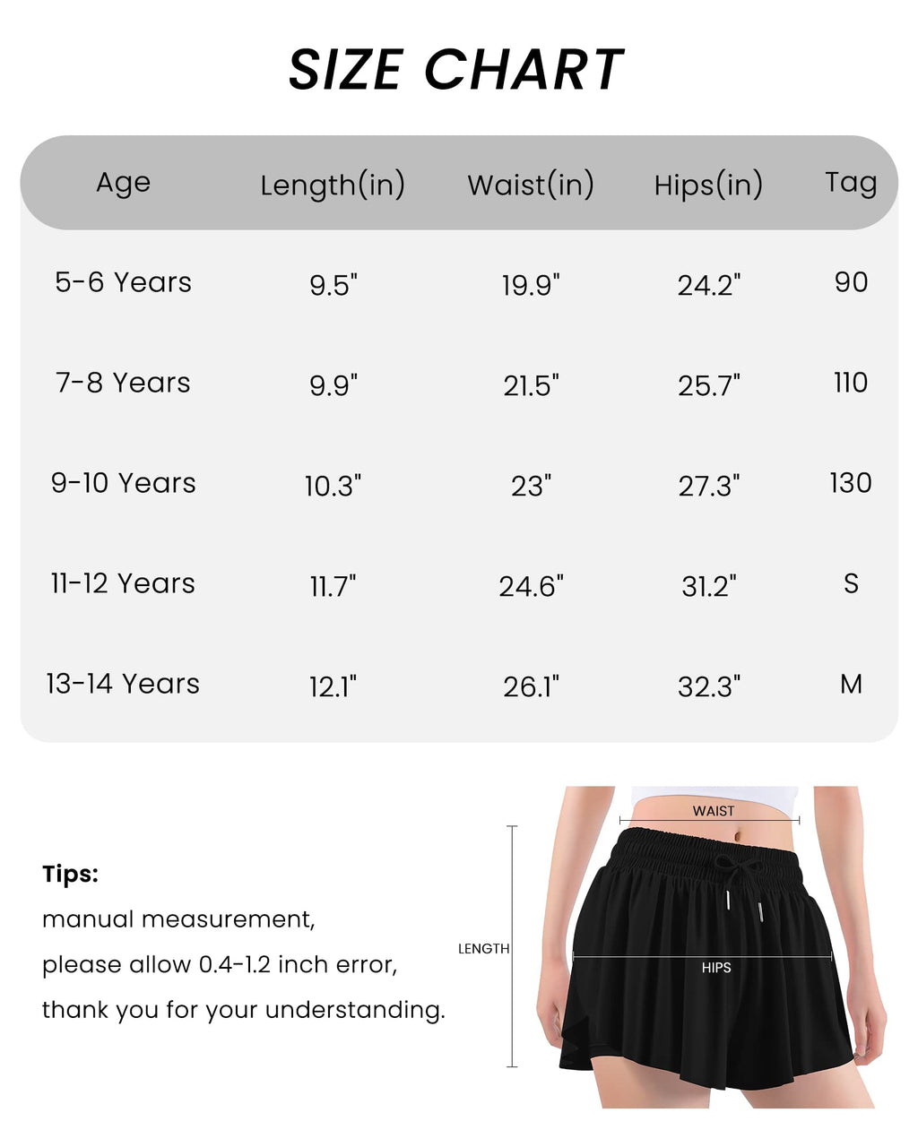 Auranso pige flydende shorts med lomme 2-i-1 atletiske løb sommerfugleshorts hvide 9-10 år