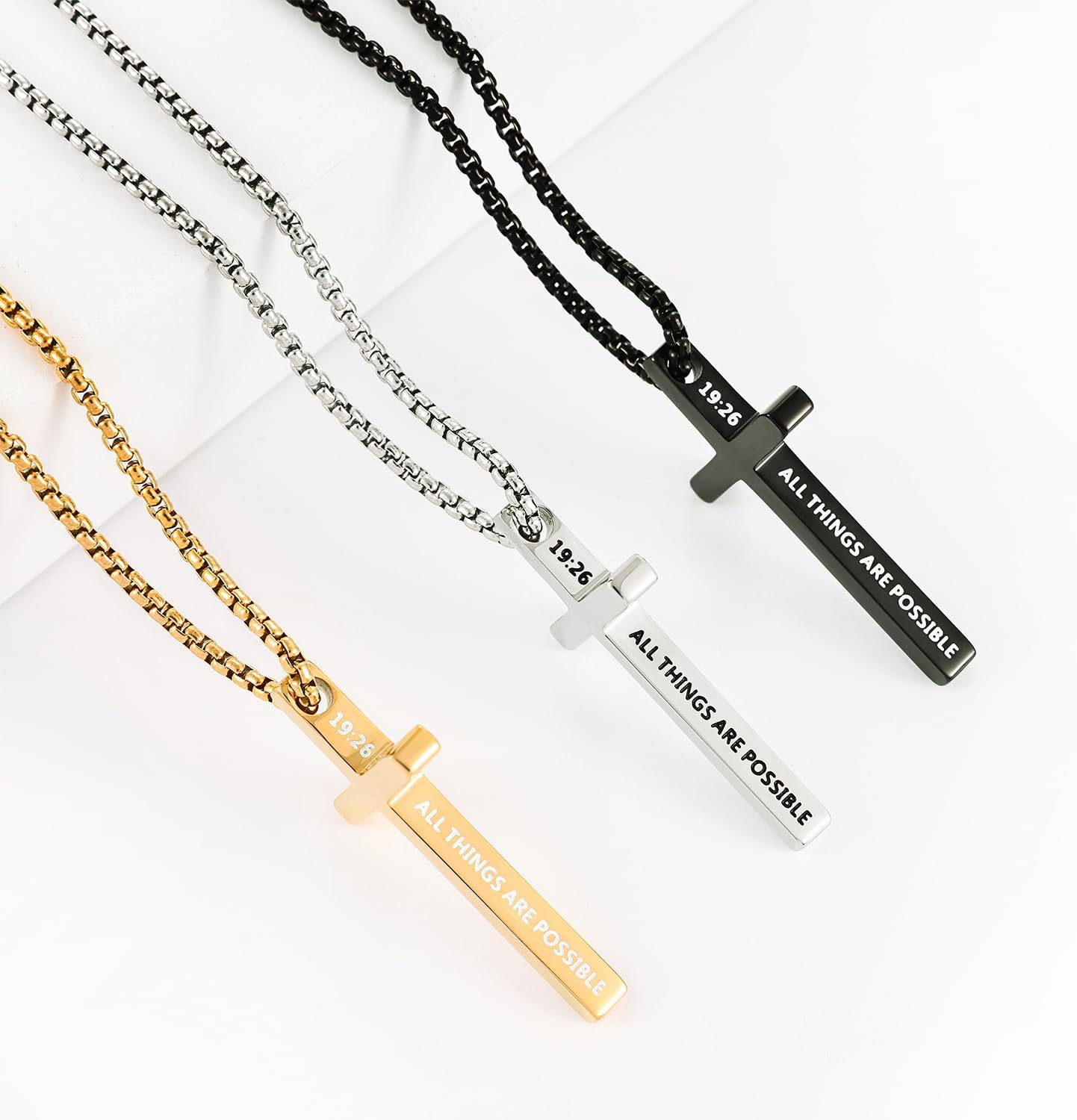 Fiusem Cross Necklace for Men, Inspirational Bible Verse Cross Chain for Men, Stainless Steel Box Necklace