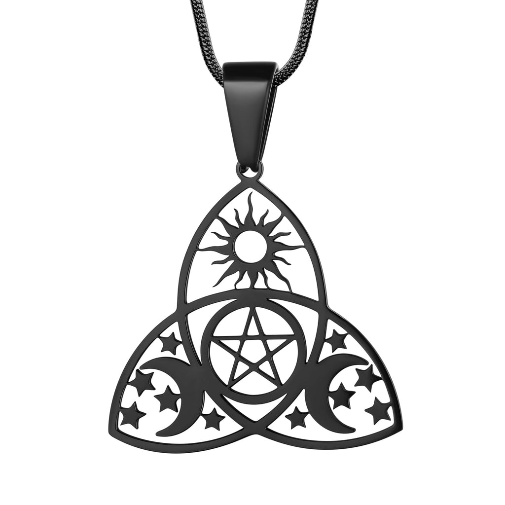 Celtic Knot Necklace Viking Pendant - Celtic Norse Triple Odin Horns Crescent Moon of Oden Horn Necklace Mens 316L Stainless Steel Triskelion Amulet Pewter Tribal Protection Viking Triskele Jewelry