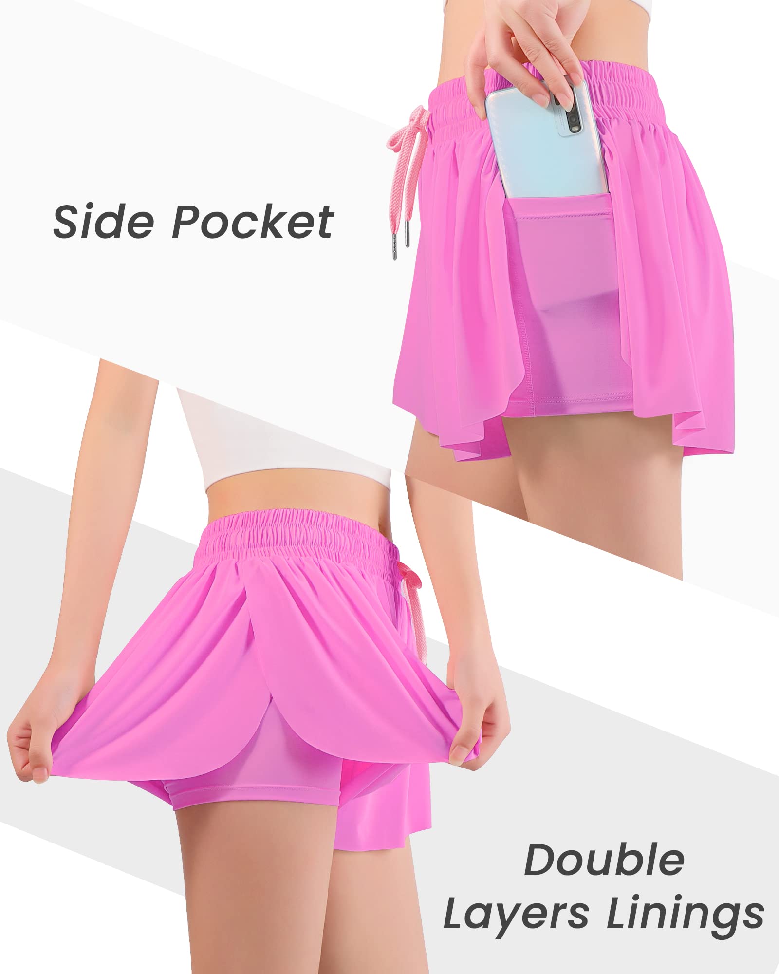 Auranso Girls Flowy Shorts with Pocket 2-in-1 Athletic Running Butterfly Shorts Rose Red 7-8 Years - Grand Goldman